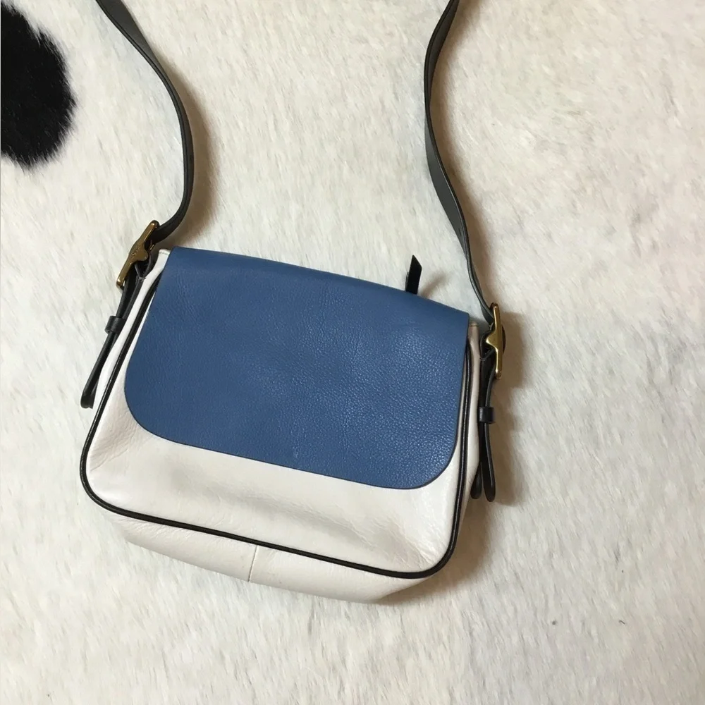 Fossil Harper Small Saddle Crossbody bag, blue and white leather design.